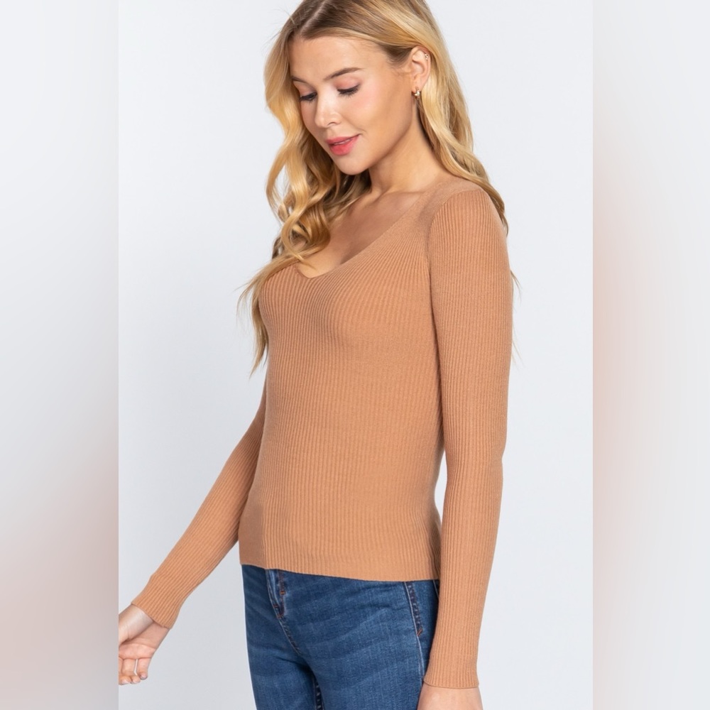 Active Basic V-Neck Fitted Viscose Rib Knit Top - image 3